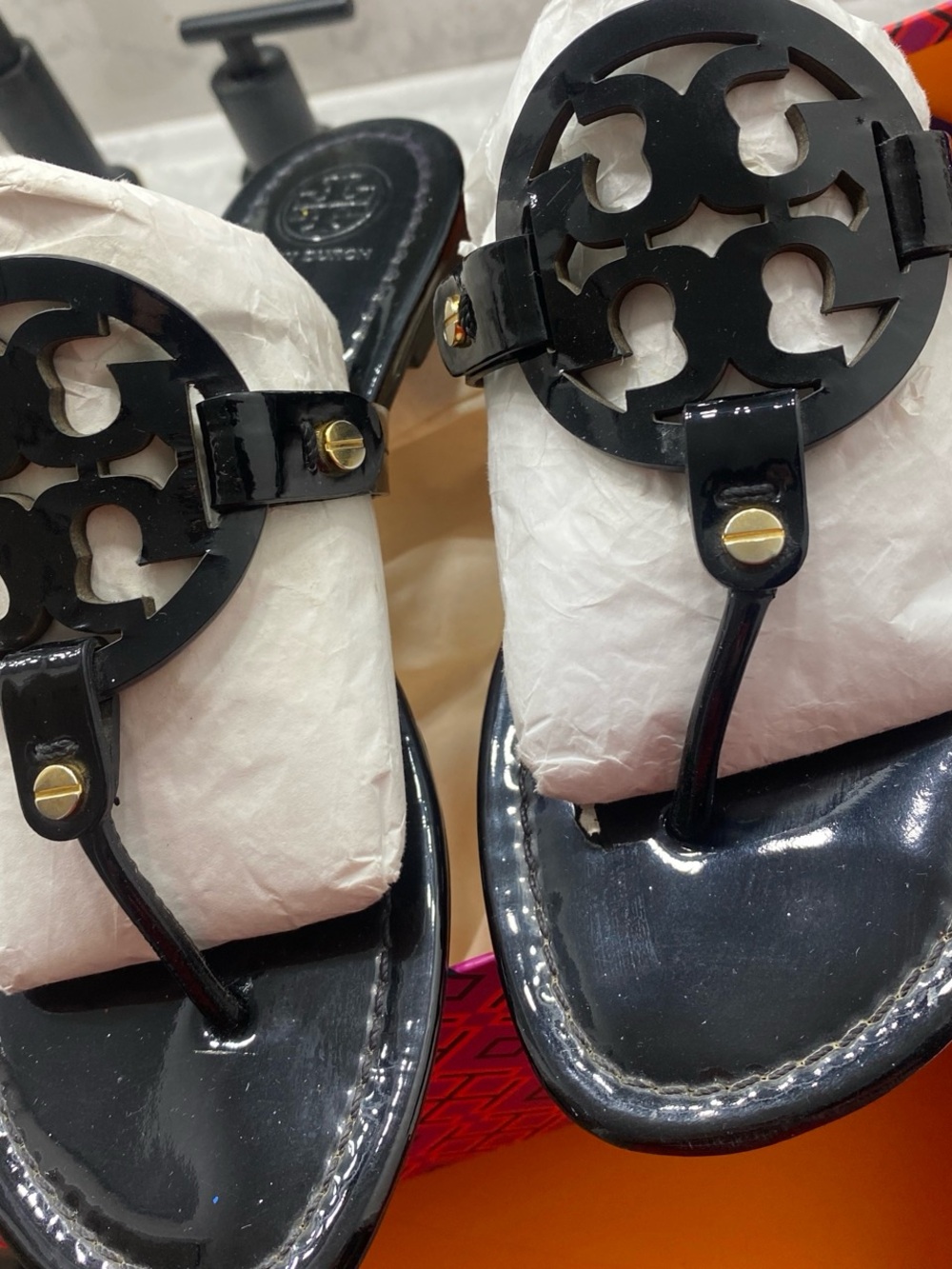Tory Burch Black Patent Logo Thong Sandals with Gold Hardware
